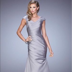 La Femme Cap Sleeve Satin Trumpet Gown 21610